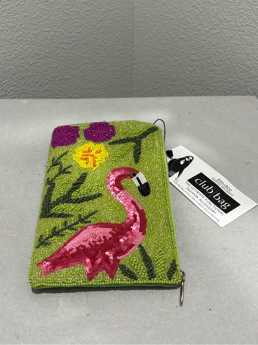 Beaded Flamingo Zip Pouch - Lime Green & Pink by Bamboo Club